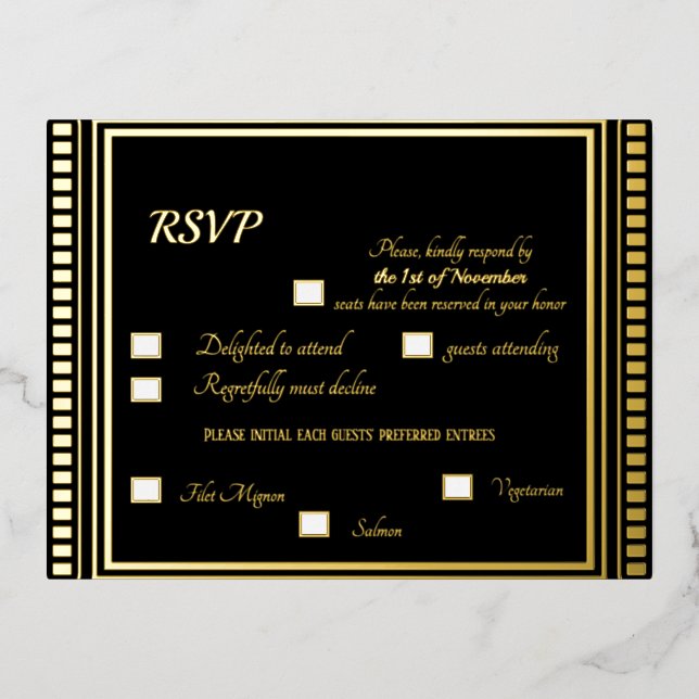 Vintage Art Deco Black RSVP Foil Response Card (Front)