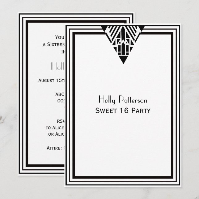 Vintage Art Deco Black White Frame #1 V Sweet 16 Invitation (Front/Back)
