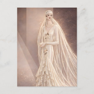 Vintage Art Deco Bridal Fashion Illustration Postcard