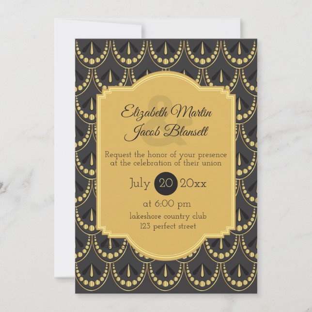 Vintage Art Deco Brown and Gold Wedding Invitation (Front)