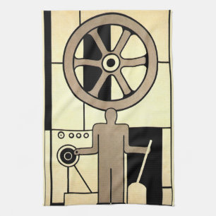 Vintage Art Deco Business Wheel and Machine Worker Tea Towel