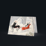 Vintage Art Deco Christmas Sleigh Ride Card<br><div class="desc">Celebrate the magic of the holiday season with this elegant vintage Art Deco Christmas sleigh ride illustration. This stylish winter scene features a striking black horse pulling a bright red sleigh through a snowy forest while a sophisticated couple rides beneath falling snow. The bold lines, minimalist composition, and dramatic contrast...</div>