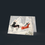 Vintage Art Deco Christmas Sleigh Ride Card<br><div class="desc">Celebrate the magic of the holiday season with this elegant vintage Art Deco Christmas sleigh ride illustration. This stylish winter scene features a striking black horse pulling a bright red sleigh through a snowy forest while a sophisticated couple rides beneath falling snow. The bold lines, minimalist composition, and dramatic contrast...</div>