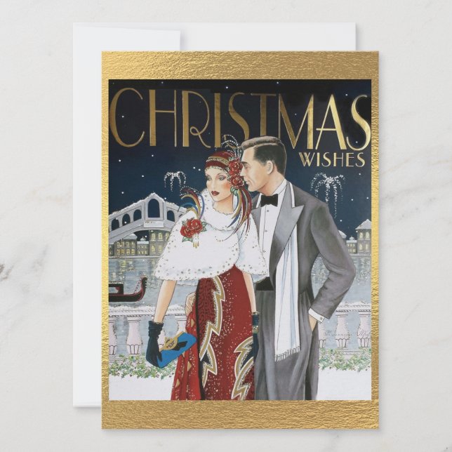 Vintage Art Deco Christmas Wishes Couple Holiday Card (Front)