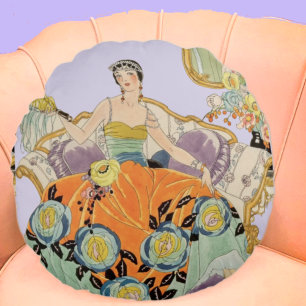 Vintage Art Deco Fashion Illustration Elegant Round Cushion