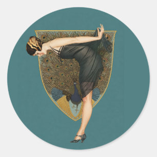 Vintage Art Deco Flapper with Peacock Classic Round Sticker
