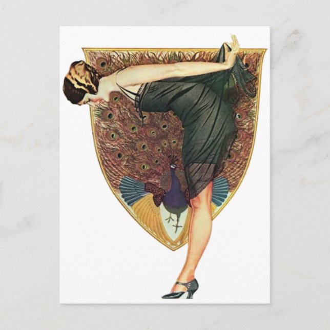 Vintage Art Deco Flapper with Peacock  Postcard (Front)