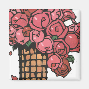 Vintage Art Deco Flowers, Pink Garden Roses Magnet