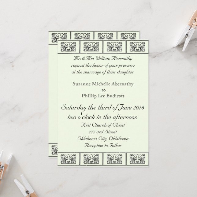 Vintage Art Deco Flowers Wedding Invitation (Front/Back In Situ)