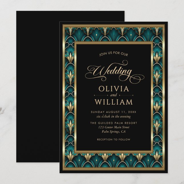 Vintage Art Deco Gold Frame Wedding Invitation (Front/Back)
