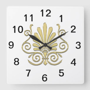 Vintage Art Deco Gold Plume Arabesque Square Wall Clock