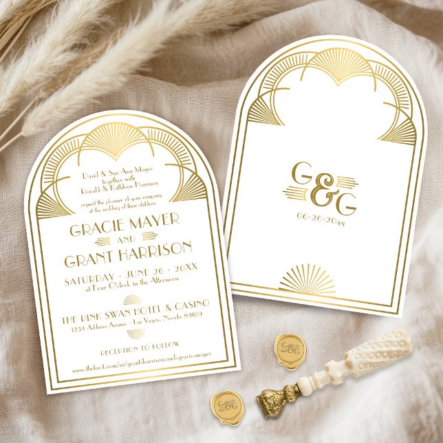 Vintage Art Deco Gold Unique Monogram Arch Wedding Invitation (Retro gold Art Deco unique old hollywood money glamour arch 20's 30's vintage wedding invitation)