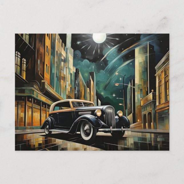 Vintage Art Deco-Inspired Car Under Moonlight Postcard (Front)