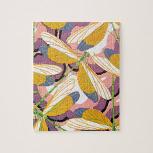 Vintage Art Deco Jazz Pochoir Garden Dragonflies Jigsaw Puzzle