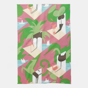 Vintage Art Deco Jazz Pochoir Palm Trees and Birds Tea Towel