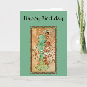 Vintage Art Deco Lady Green Golden Tree Birthday Card