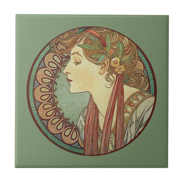 Vintage Art Deco Lady Green Mosaic Tiles Leaves (Front)