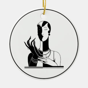 Vintage Art Deco Lady With Pearls Black Transp Ceramic Tree Decoration