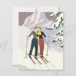 Vintage Art Deco Love and Romance Skiing Newlyweds Announcement