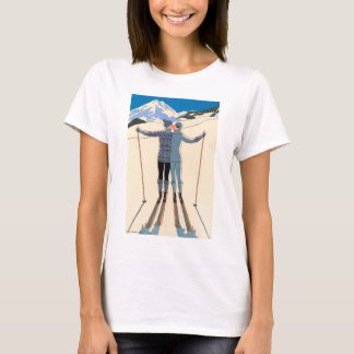 Vintage Art Deco Love Romantic Kiss on Skis Snow T-Shirt
