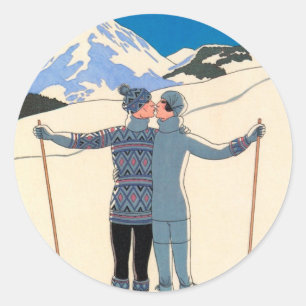 Vintage Art Deco, Lovers in Snow by George Barbier Classic Round Sticker