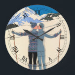 Vintage Art Deco, Lovers in Snow by George Barbier Large Clock<br><div class="desc">Vintage illustration art deco love and romance design featuring a man and a woman kissing on the ski slopes of a beautiful resort. A young couple on vacation kiss on a snow covered mountain in winter. L'Hiver (aka Winter: Lovers in the Snow) by artist George Barbier,  1925.</div>