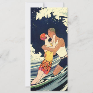 Vintage Art Deco Lovers Kiss in the Waves at Beach