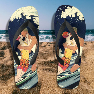 Vintage Art Deco Lovers Kiss in the Waves at Beach Jandals