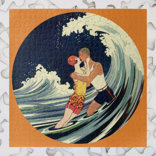 Vintage Art Deco Lovers Kiss in the Waves at Beach Jigsaw Puzzle