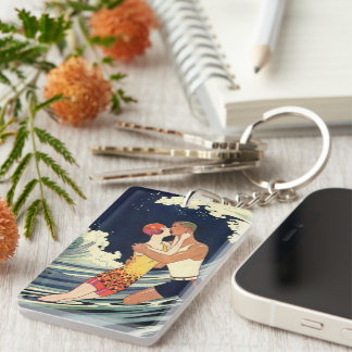 Vintage Art Deco Lovers Kiss in the Waves at Beach Key Ring