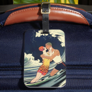 Vintage Art Deco Lovers Kiss in the Waves at Beach Luggage Tag