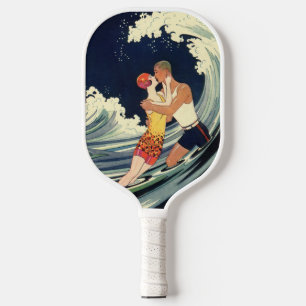 Vintage Art Deco Lovers Kiss in the Waves at Beach Pickleball Paddle