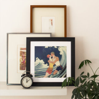Vintage Art Deco Lovers Kiss in the Waves at Beach Poster