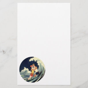 Vintage Art Deco Lovers Kiss in the Waves at Beach Stationery