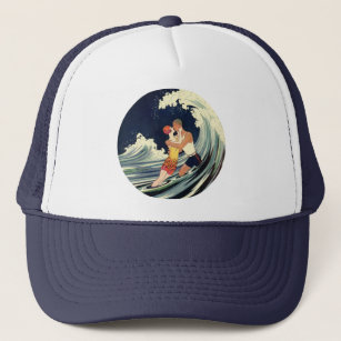 Vintage Art Deco Lovers Kiss in the Waves at Beach Trucker Hat