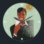 Vintage Art Deco, Man with Cocktail in the Sun Large Clock<br><div class="desc">Vintage illustration beverages image featuring a happy,  grinning man drinking a fun and refreshing summer cocktail or soda with the sun shining. A big smile with bright white teeth! Enjoy your sunny vacation! Cheers!</div>