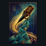 Vintage Art Deco Microphone Music Gold & Teal Poster<br><div class="desc">A classic retro microphone set against a dynamic Art Deco background with flowing golden sound waves. Ideal for music rooms,  recording studios,  or jazz enthusiasts.</div>