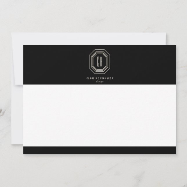 Vintage Art Deco Monogram Grey/Black Flat Notecard (Front)