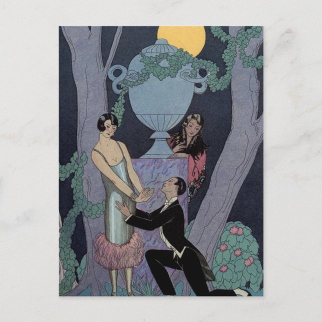 Vintage Art Deco Moonlight Love Triangle Post Card (Front)