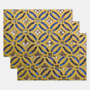 Vintage Art Deco Mosaic Tiled Gold and Blue Wrapping Paper Sheet