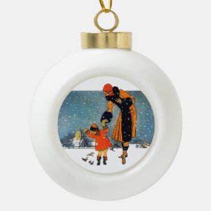 Vintage Art Deco Mother and Child Winter Snow Ceramic Ball Christmas Ornament