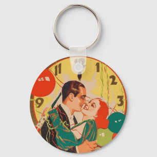 Vintage Art Deco New Year’s Eve Kiss Clock  Key Ring