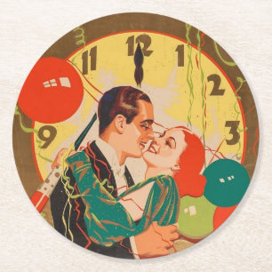 Vintage Art Deco New Year’s Eve Kiss Clock  Round Paper Coaster