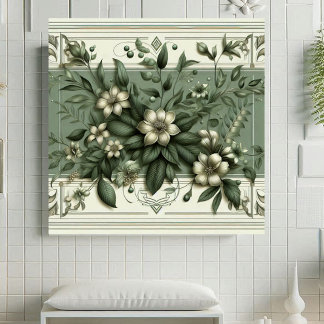 Vintage Art Deco Sage Green Flora Botanical Design Tile
