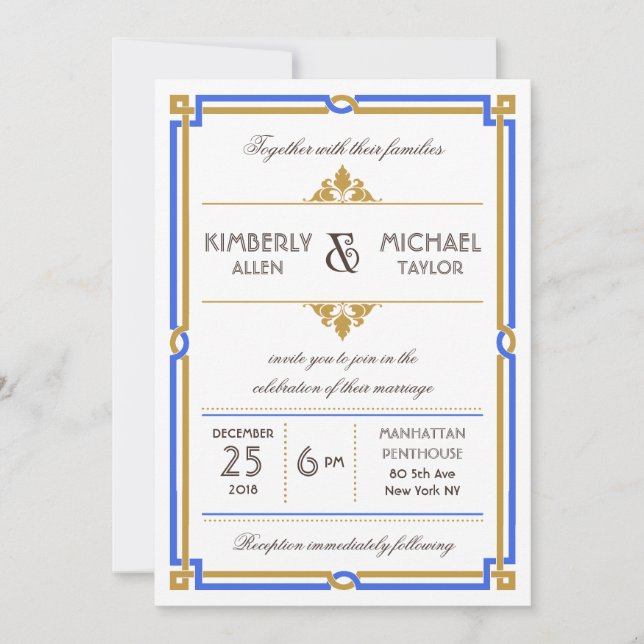 Vintage Art Deco Sapphire Blue & Gold Wedding Invitation (Front)