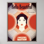 Vintage Art Deco Sheet Music Hello Beautiful Poster<br><div class="desc">Art deco retro design from the Jazz Age of flappers and speakeasies.  Beautiful girl on a background of retro circles on shades of red,  grey,  cream and black. From sheet music by composer Walter Donaldson. Antique musical art for your walls.</div>