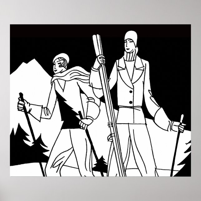 Vintage Art Deco Ski Couple Skiers Illustration Poster (Front)