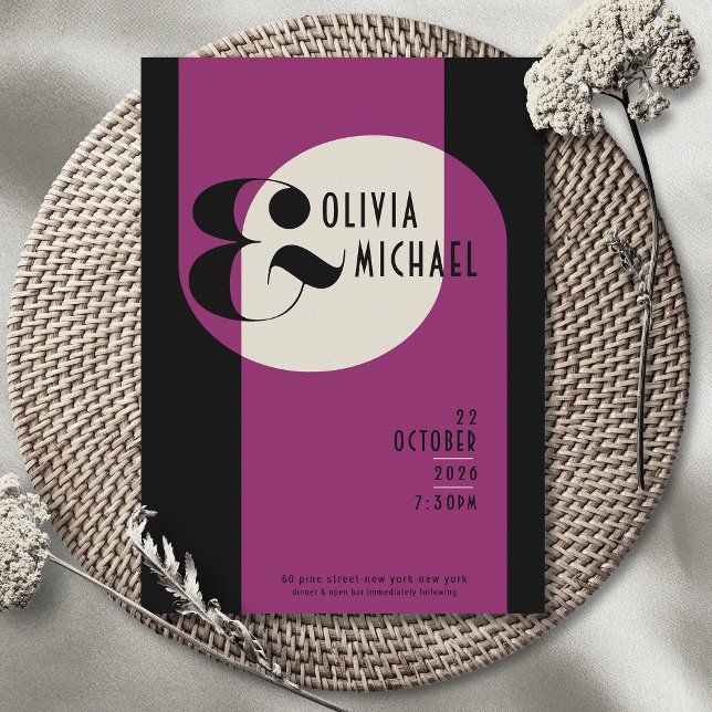 Vintage Art Deco Wedding Black Magenta Invitation (Creator Uploaded)