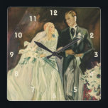 Vintage Art Deco Wedding Bride and Groom Newlyweds Square Wall Clock<br><div class="desc">Vintage illustration love and romance art deco image featuring a bride and groom walking down the aisle after the wedding ceremony. The man is wearing a tuxedo and the woman is wearing a white wedding gown and carrying a bouquet of calla lily flowers. The happy newlywed couple start their marriage....</div>