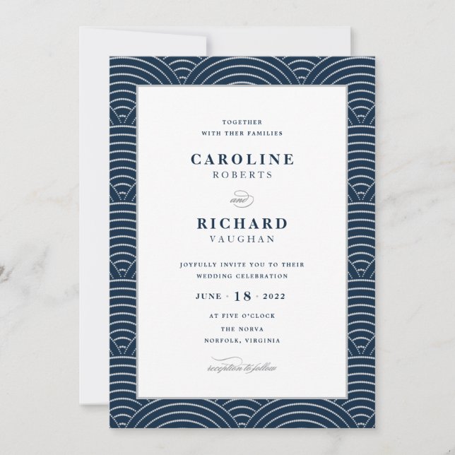 Vintage Art Deco Wedding Invitation Navy Blue (Front)